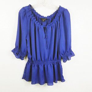 Willi Smith Women's Royal Blue Elastic Waist Tie Neck Shirt Top Blouse